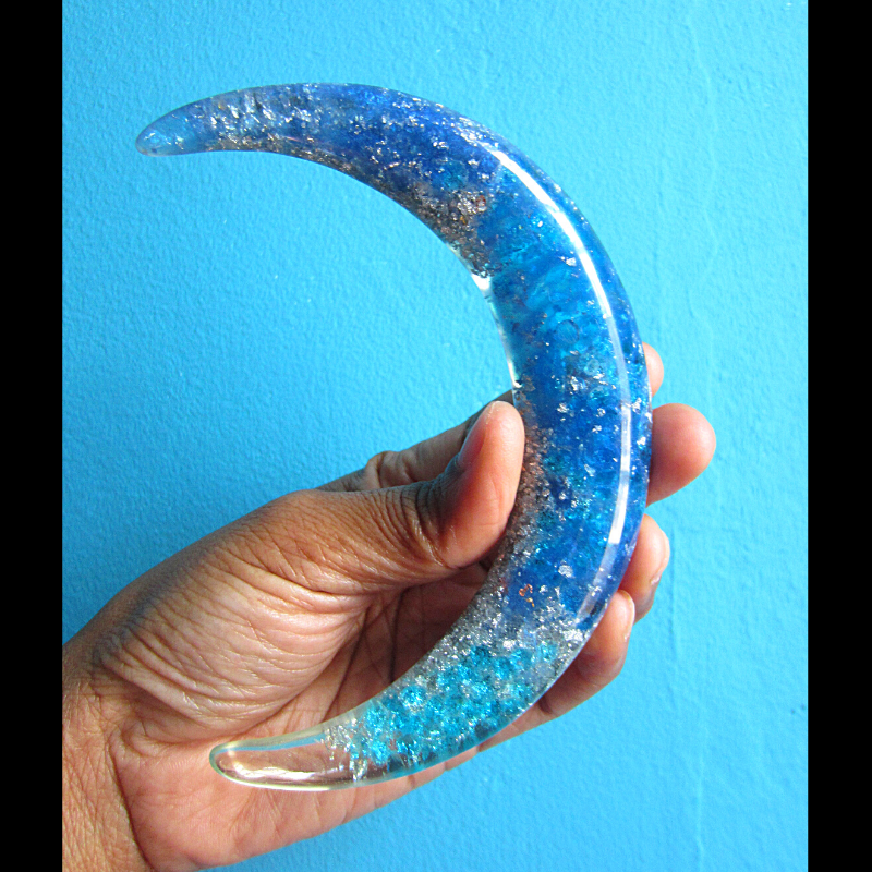 Blue and Silver Flakes Crescent Moon Hair Stick