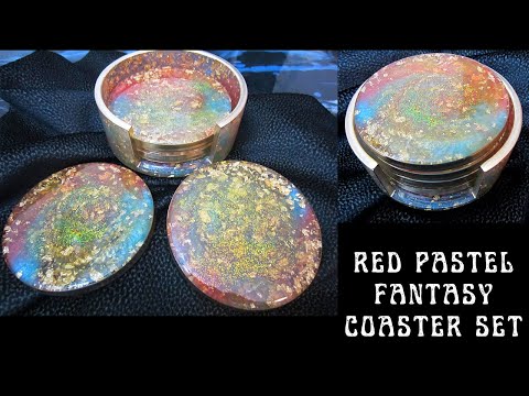 Red Pastel Fantasy Round Coasters with Holder